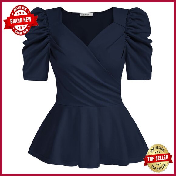 Tops - Elegant Peplum Top Wrap V-Neck Puff Short Sleeve Blouse